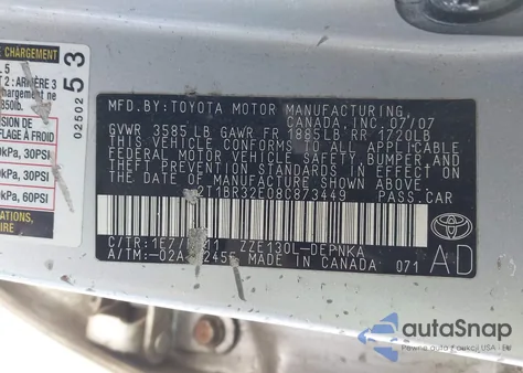 2008 Toyota Corolla Le из США, поврежденный, VIN 2T1BR32E08C873449